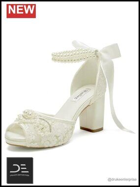 Lace Pearl Wedding Shoes for Bride High Heel Peep Toe Platform Wedding Heels